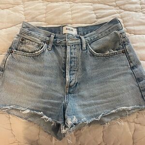 Agolde Light Blue Frayed Hem Jean Shorts